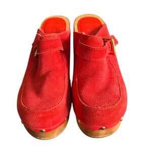Y2K Gap Suede Red Wooden Chunky Heel  Studded Buckle Clogs Size 6